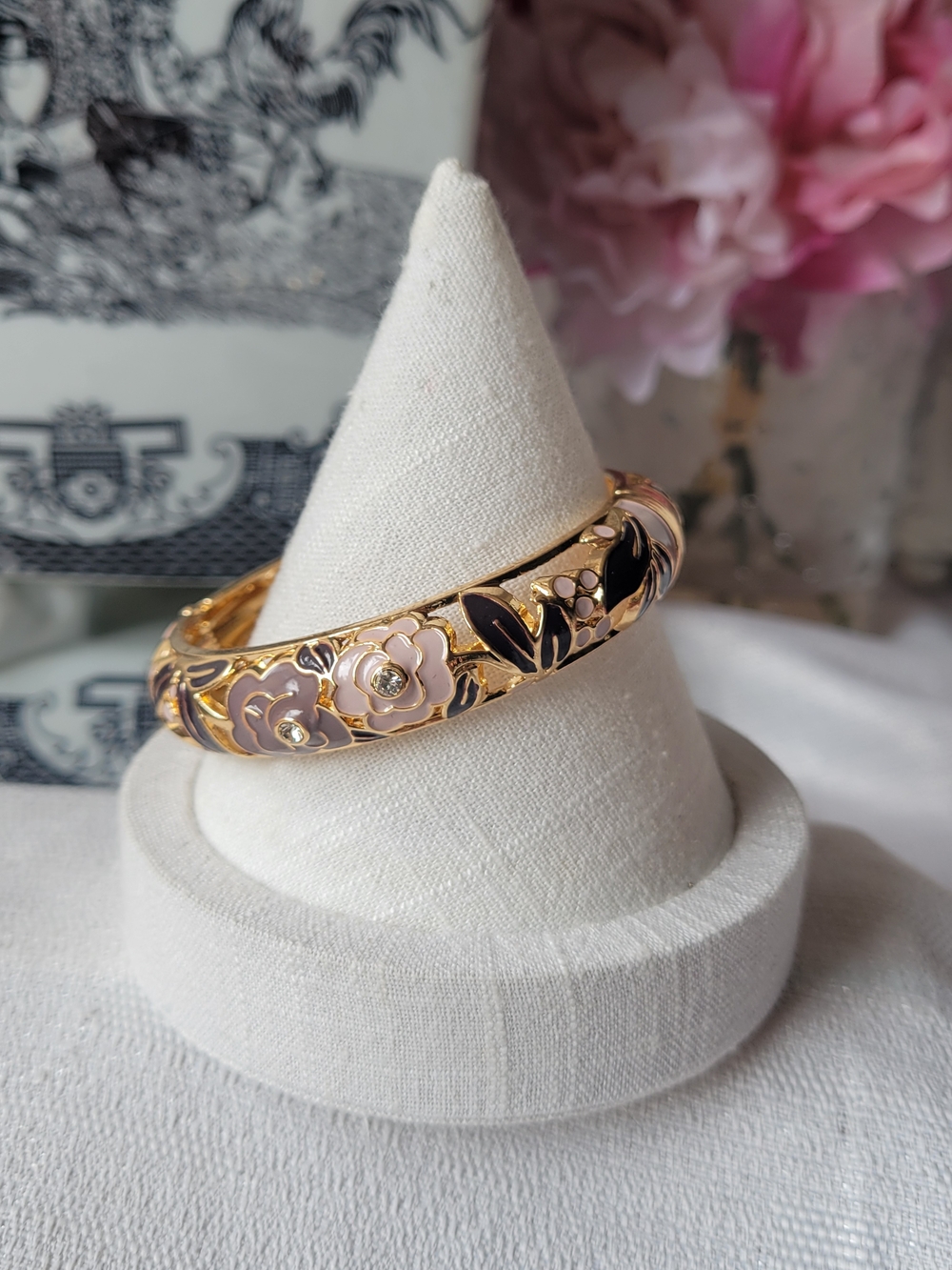 Floral Enamel Bangle with Pink & Black Flowers